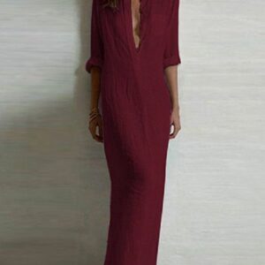 Casual Button Front Bodice Elbow Length Sleeve Pocket Front Maxi Dress