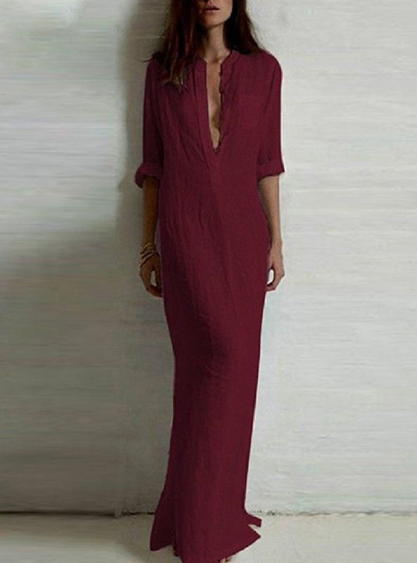 Casual Button Front Bodice Elbow Length Sleeve Pocket Front Maxi Dress