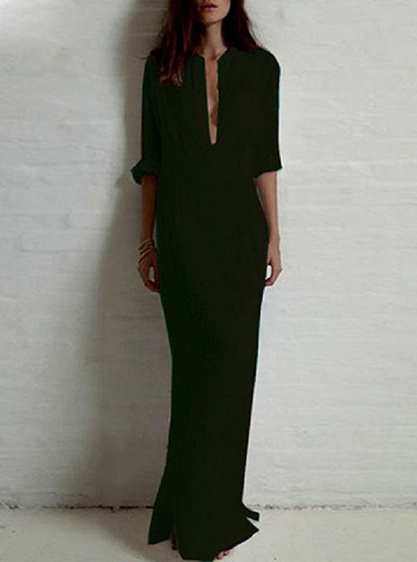 Casual Button Front Bodice Elbow Length Sleeve Pocket Front Maxi Dress - Image 3