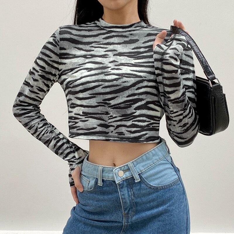 Casual Zebra O-Neck Long Sleeve Crop Top - Image 2