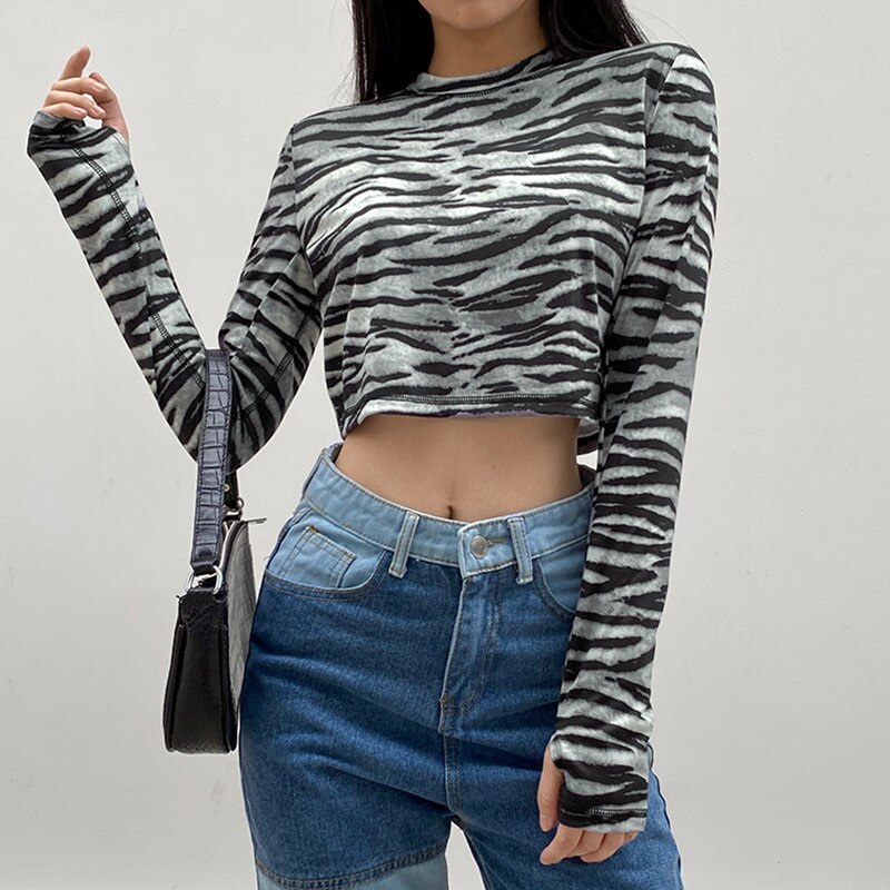 Casual Zebra O-Neck Long Sleeve Crop Top