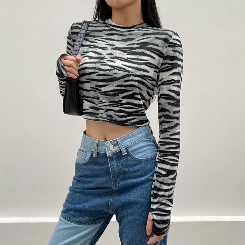Casual Zebra O-Neck Long Sleeve Crop Top - Image 3