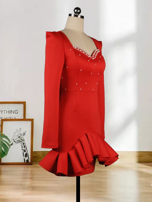 Elegant Beading Ruffled Long Sleeve Party Dress - Image 4