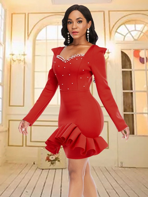 Elegant Beading Ruffled Long Sleeve Party Dress - Image 6