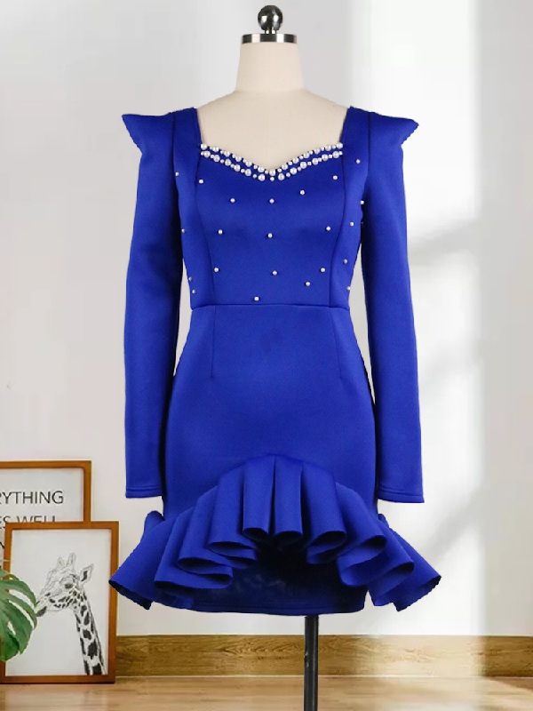 Elegant Beading Ruffled Long Sleeve Party Dress - Image 7