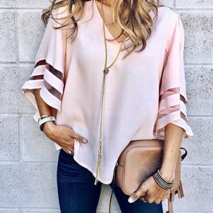Elegant Loose Fitting Bell Sleeves Mesh Inserts Blouse
