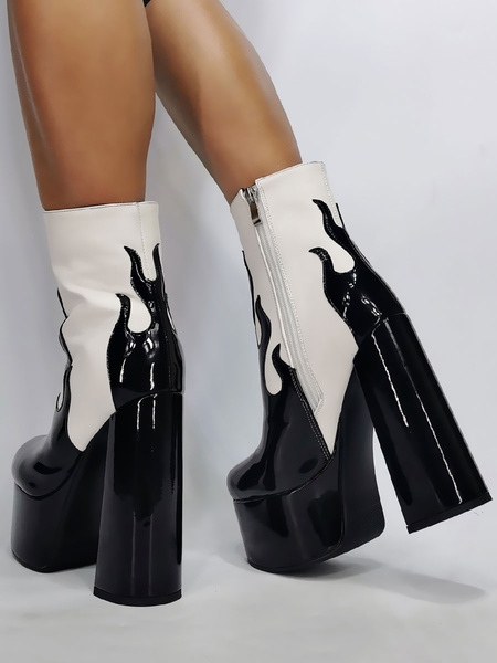 Sexy High Heel Round Toe Zipper Artwork Chunky Heel Over The Knee Patent PU Boots - Image 4