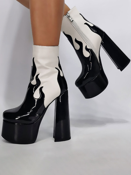 Sexy High Heel Round Toe Zipper Artwork Chunky Heel Over The Knee Patent PU Boots - Image 5