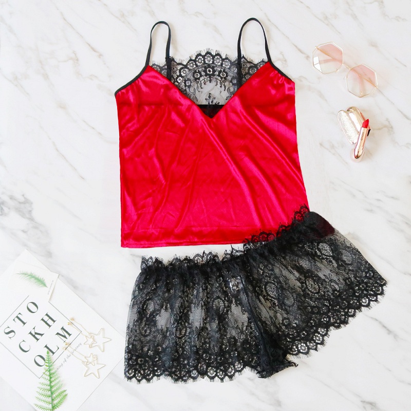 Sexy Lace Patchwork See-Through Satin Pajama Sets - Image 6