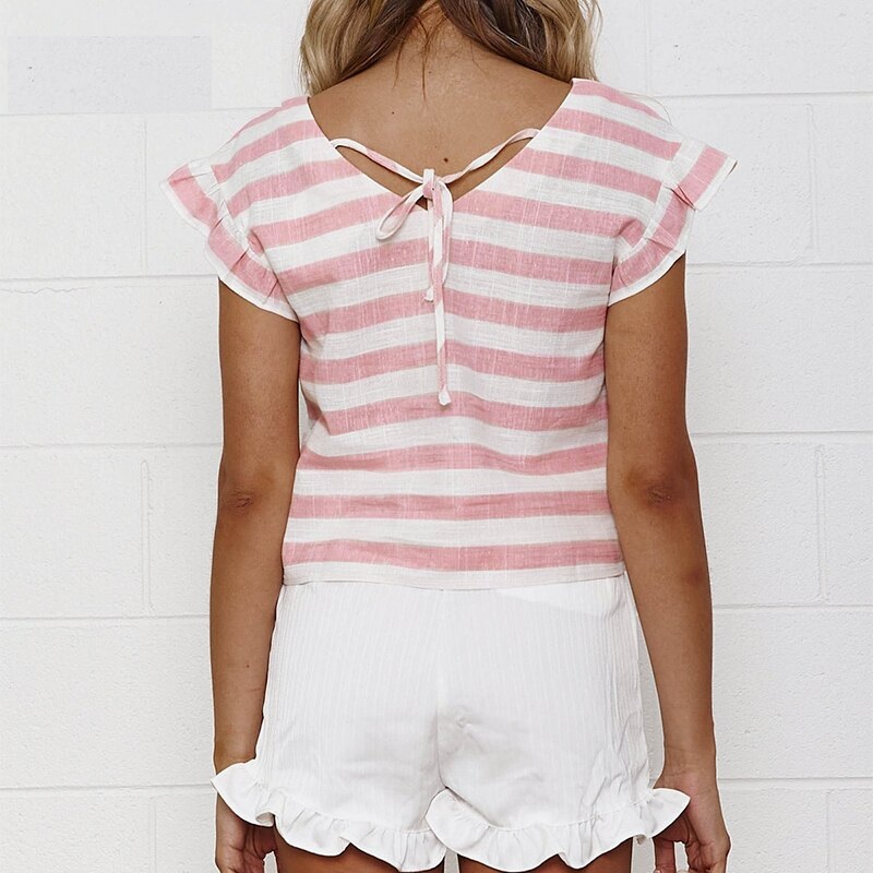 Casual stripe ruffled back lace up cotton Elegant shirts - Image 5