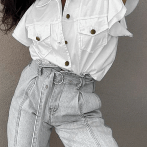 Cotton street style flared sleeve short button tops