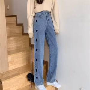 Heart Embroidery Straight Leg High Waisted Jeans