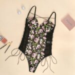 Sexy Mesh See-through Floral Embroidery Lace Up Bodysuit - TD Mercado