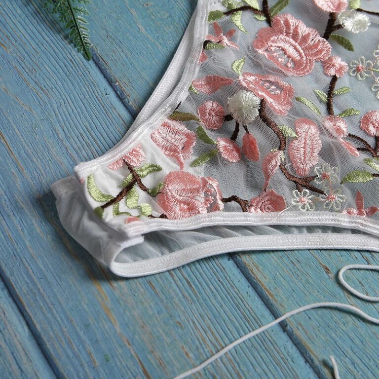 Sexy Mesh See-through Floral Embroidery Lace Up Bodysuit - TD Mercado