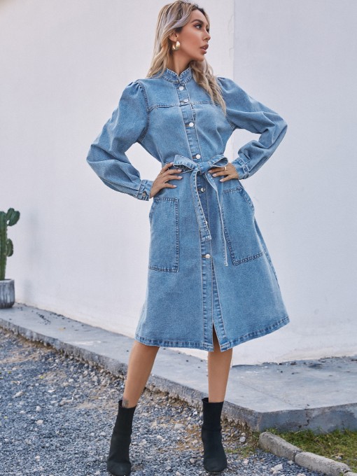 Stand Collar Single-Breasted Long Sleeve Denim Dress - Image 2