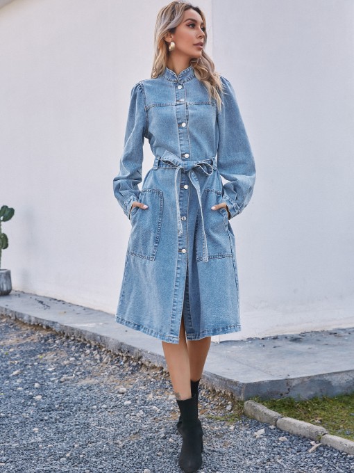 Stand Collar Single-Breasted Long Sleeve Denim Dress - Image 3