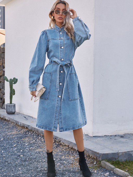 Stand Collar Single-Breasted Long Sleeve Denim Dress