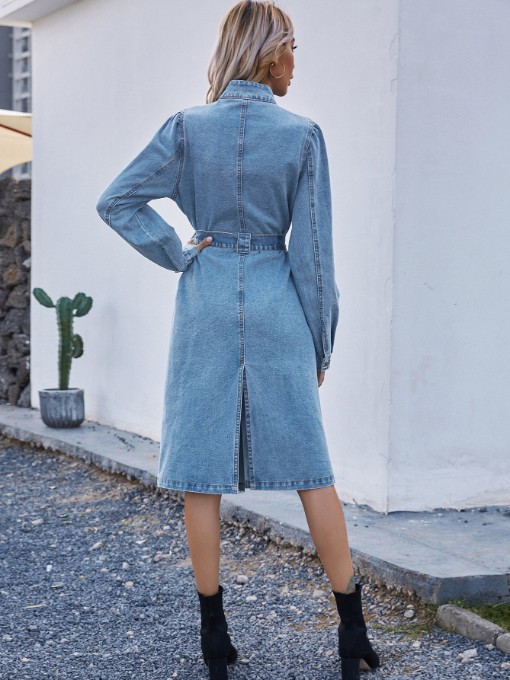 Stand Collar Single-Breasted Long Sleeve Denim Dress - Image 5