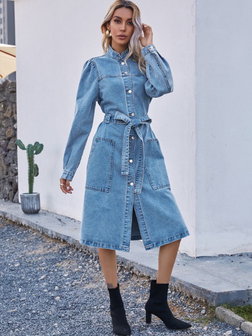 Stand Collar Single-Breasted Long Sleeve Denim Dress - Image 6