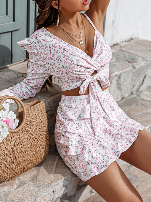 V Neck Long Sleeve Ruffled 2 Piece Sets - Image 2