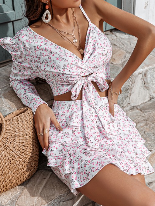 V Neck Long Sleeve Ruffled 2 Piece Sets - Image 3