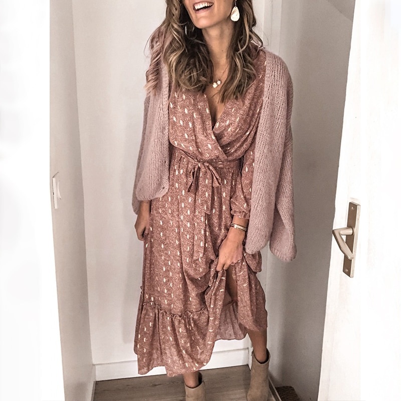 Elegant Puff Sleeve Polka Dot V Neck Sash Dresses