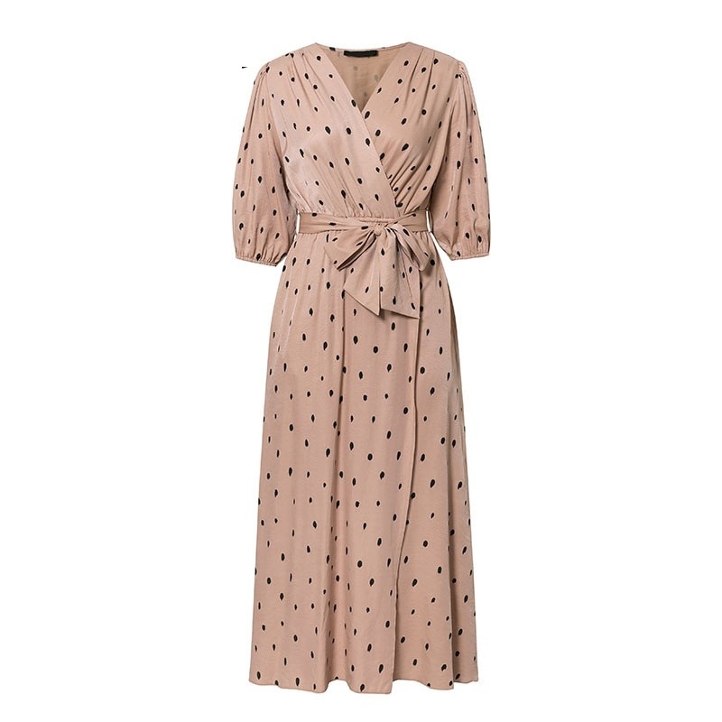 Elegant Puff Sleeve Polka Dot V Neck Sash Dresses - TD Mercado