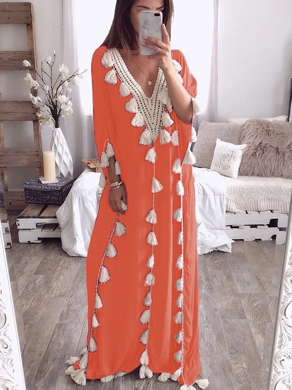 Elegant Tassel Patchwork V-neck Kaftan Casual Robe Long Maxi Dress - Image 7