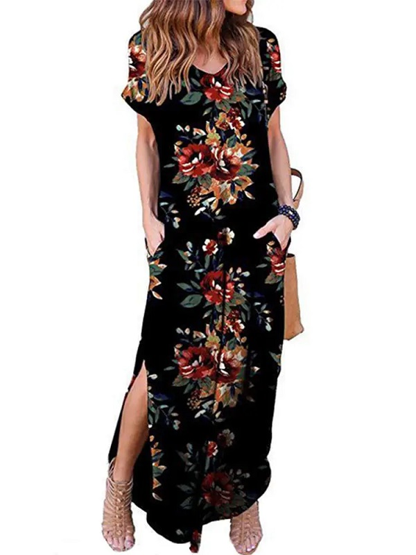 Floral Print Short Sleeve O-Neck Side Pockets Dress - Image 2