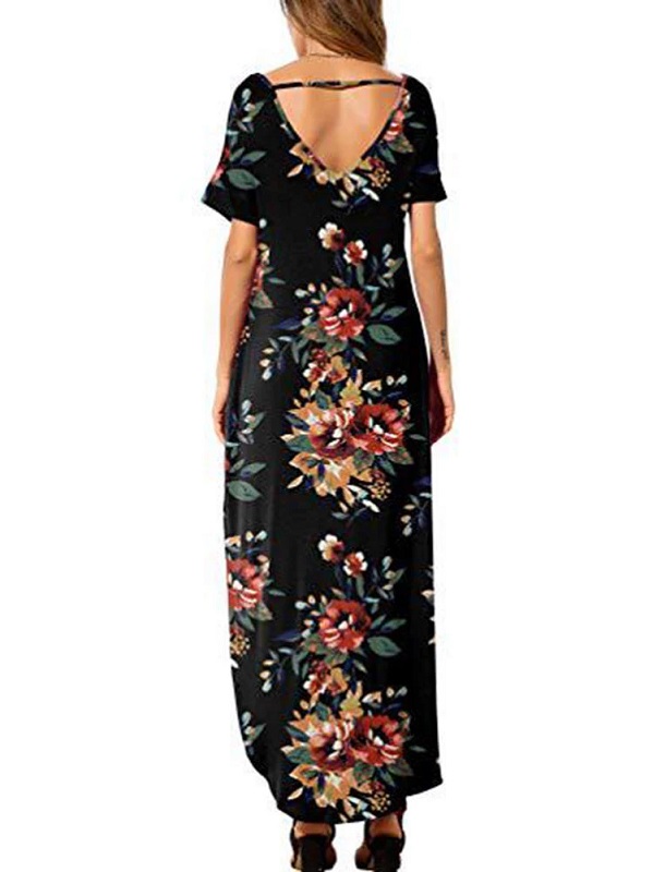 Floral Print Short Sleeve O-Neck Side Pockets Dress - Image 3