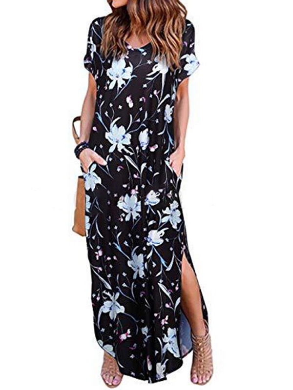Floral Print Short Sleeve O-Neck Side Pockets Dress - Image 4