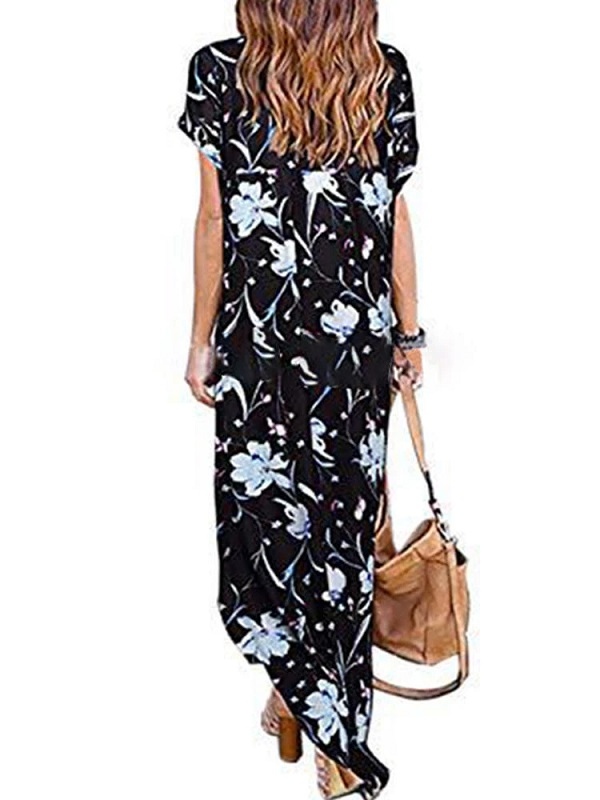 Floral Print Short Sleeve O-Neck Side Pockets Dress - Image 6