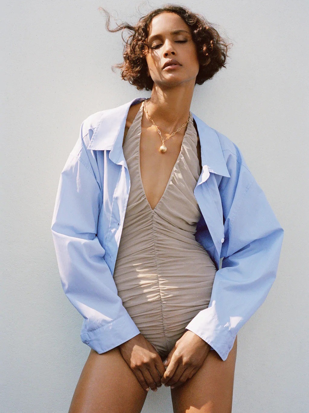 Gauze Pleated Halter Sexy Bodysuit