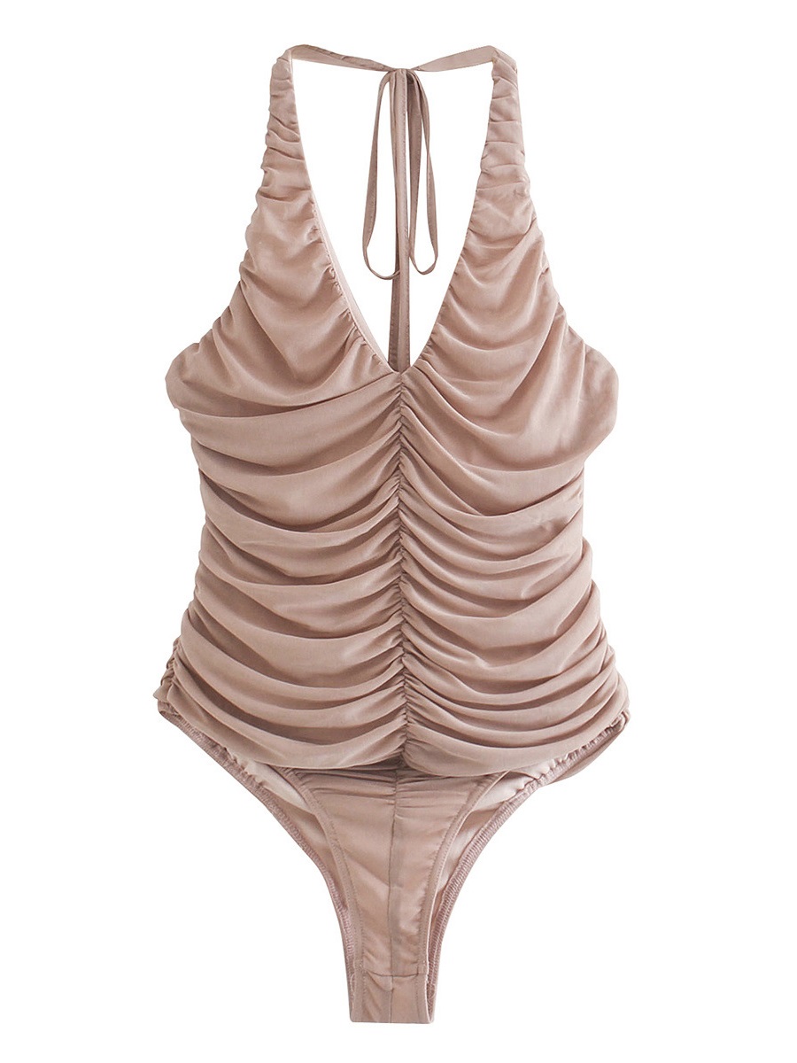 Gauze Pleated Halter Sexy Bodysuit - Image 3