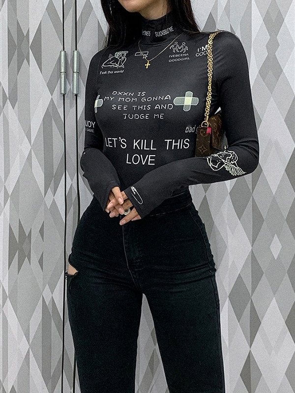 High Neck Printed Skinny Long Sleeve Bodysuits - Image 2