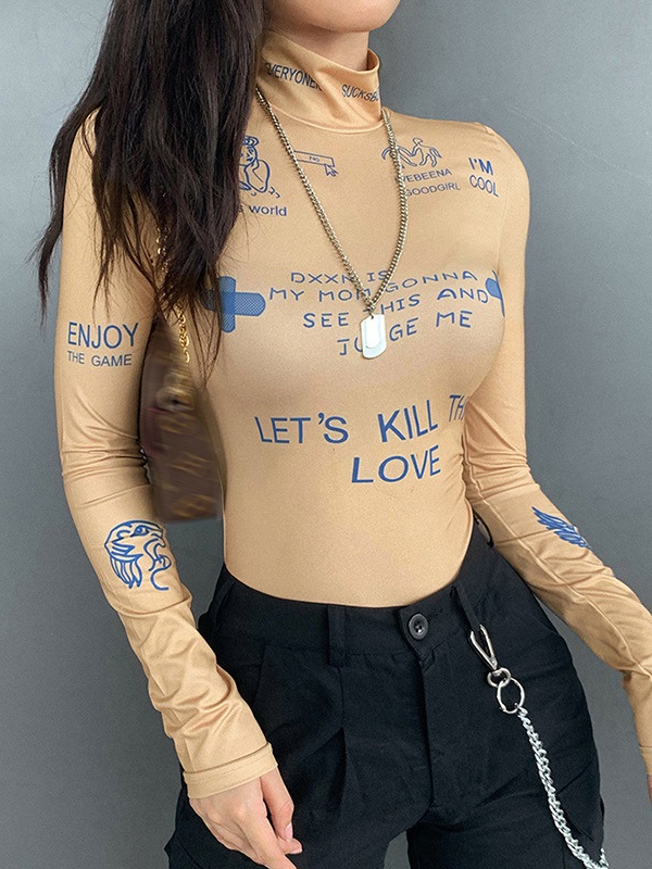 High Neck Printed Skinny Long Sleeve Bodysuits - Image 9