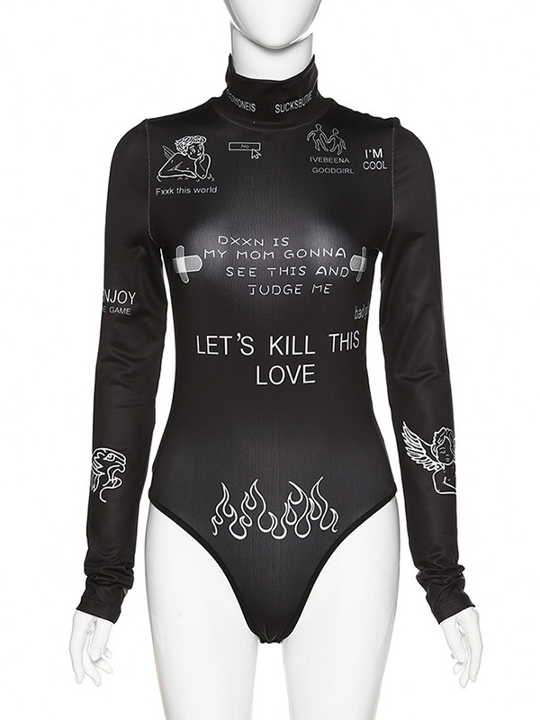 High Neck Printed Skinny Long Sleeve Bodysuits - Image 6