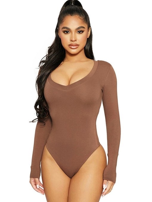 Long Sleeve Solid V Neck Bodysuit