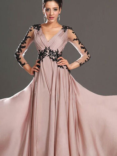 Maxi Dress Chiffon Illusion Long Wrap Sleeve V Neck Prom Dress