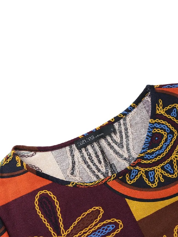 Retro O-neck Short Sleeve Loose Baggy Print Maxi Dress - Image 3