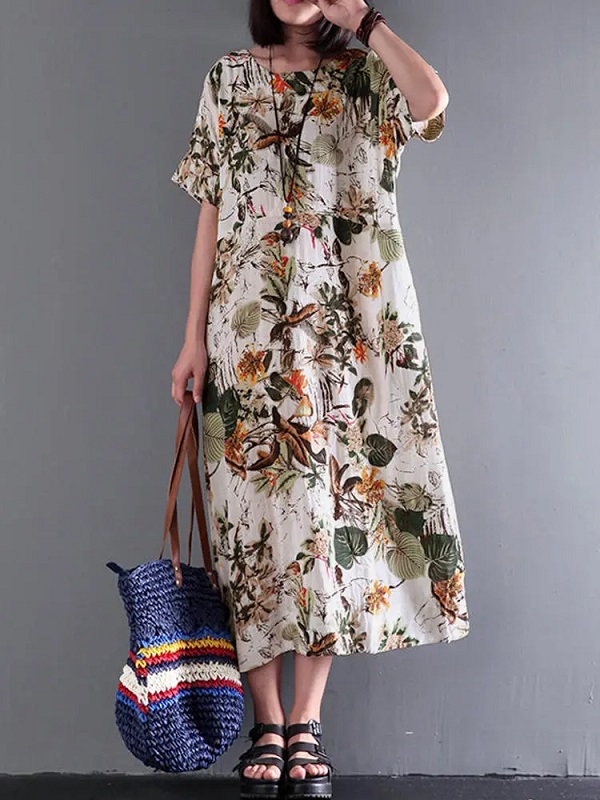 Retro Short Sleeve Cotton Floral Maxi Dress