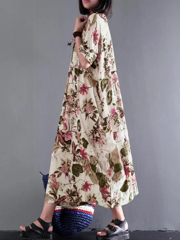 Retro Short Sleeve Cotton Floral Maxi Dress - Image 6