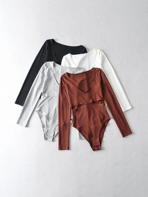 Sexy Hollow Out Solid Long Sleeve Bodysuit