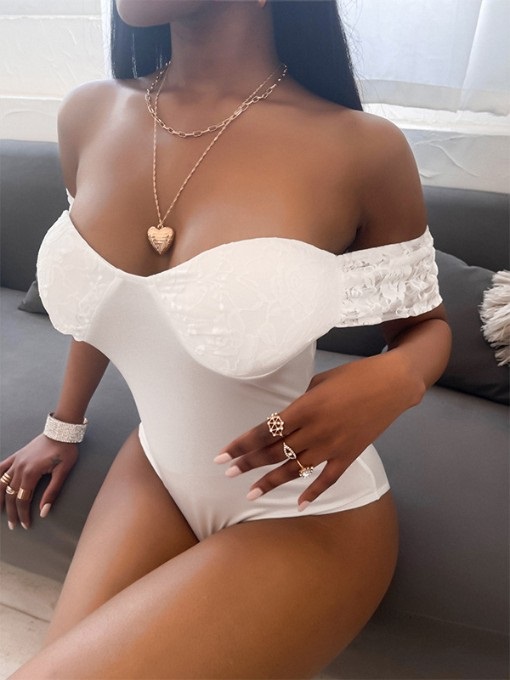 Sexy Lace Patch Solid Short Sleeve Bodysuit - Image 3