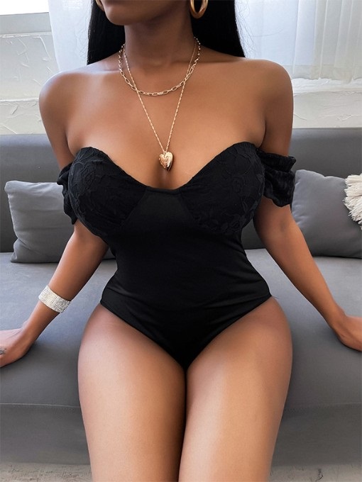 Sexy Lace Patch Solid Short Sleeve Bodysuit - Image 6