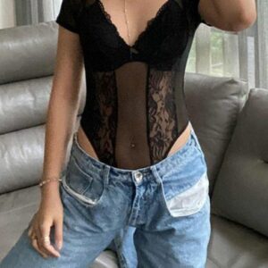 Sexy Lace Patchwork V Neck Bodysuit