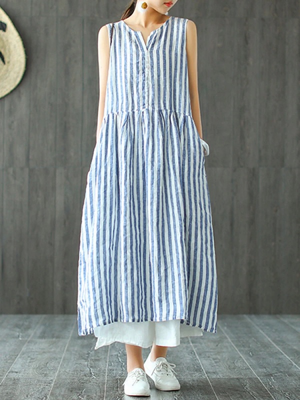 Sleeveless Striped V-neck Sundress Retro Long Maxi Dress