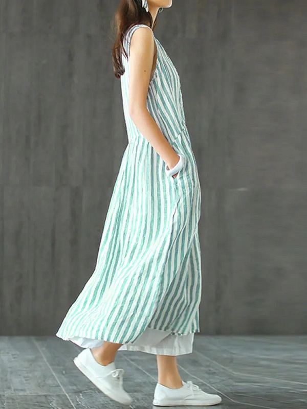 Sleeveless Striped V-neck Sundress Retro Long Maxi Dress - Image 10