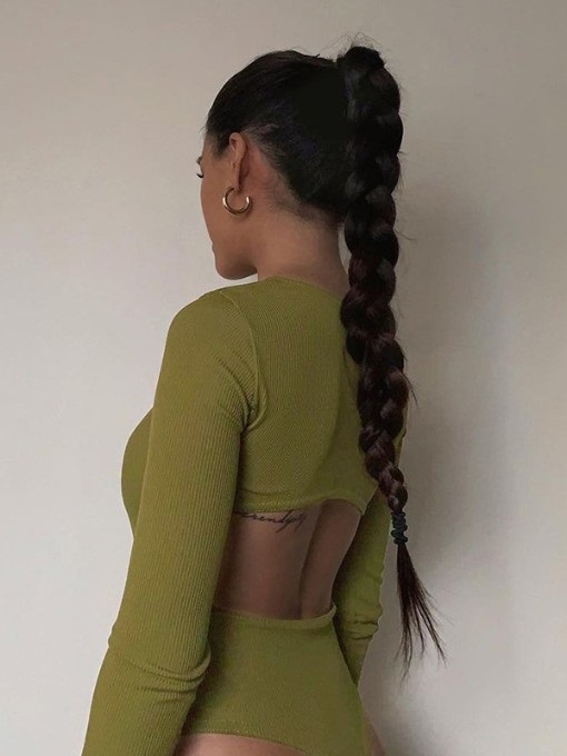 Solid Hollow Out Long Sleeve Bodysuit - Image 5