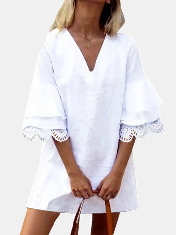 Solid Lace Ruffle V-neck Half Sleeve V-neck Casual Dress